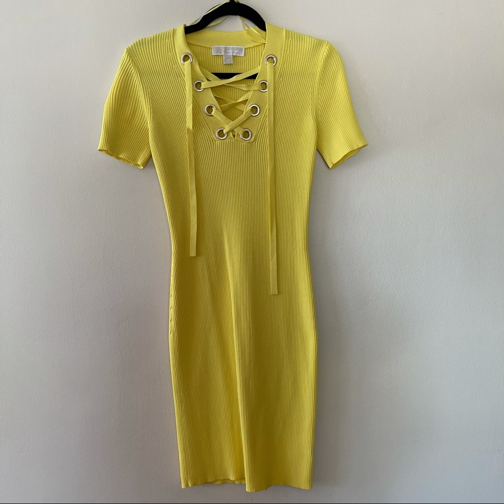 Michael Kors Ribbed Lace Up Yellow Sweater Dress